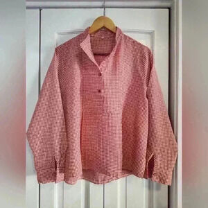 Women's Red and White Gingham Long Sleeve Cotton Blend Top | Size 2XL